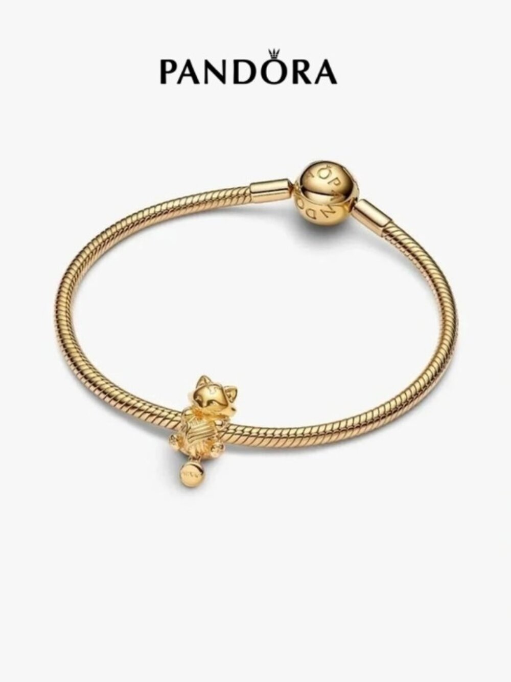 Pandora Gold Cat Charm Snake Chain Bracelet